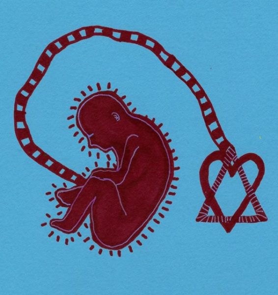 A red embryo is linked to a heart and triangle. Biological connection is not necessary to establish a loving bond between parent and child. (Camilla Dziadosz | Northern Star)
