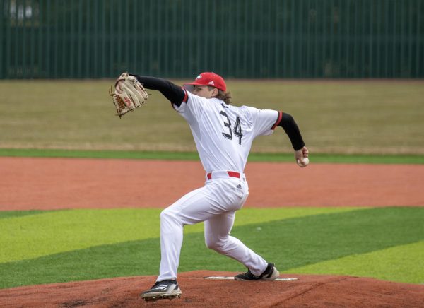 Then redshirt-sophomore pitcher Matt Salomonson throws a pitch in an NIU baseball home game against Ohio University on Mar. 3, 2023. Salomonson gave up two runs on three hits in the Huskies third game against Abilene Christian University. (Tim Dodge | Northern Star)
