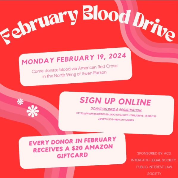 Three information boxes float under the words “February Blood Drive.” ACS, Interfaith Legal Society, and Public Interest Law Society will host a blood drive on Monday. (Courtesy of ACS, Interfaith Legal Society, and Public Interest Law Society) 