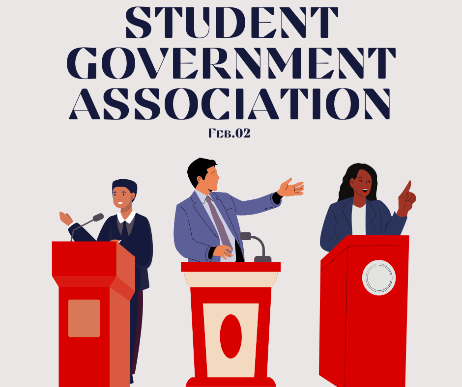 Three students stand at podiums talking and gesturing. SGA’s meeting on Friday discussed new SGA election protocol for campaigning and recognized three new student organizations. (Northern Star Graphic)