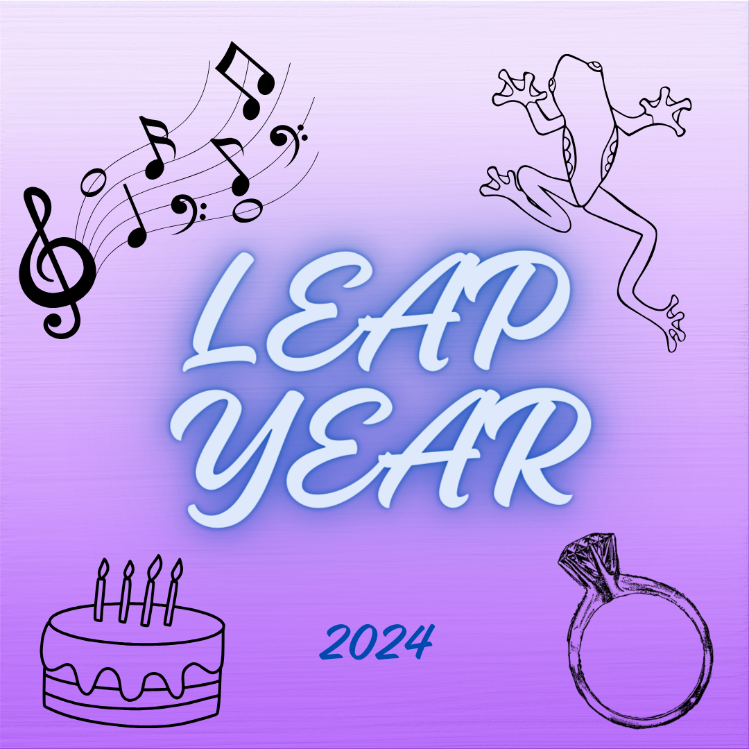 Music notes, a leapfrog, a birthday cake and an engagement ring surround the words: Leap Year. Do you enjoy Leap Day? (Lucy Atkinson | Northern Star)