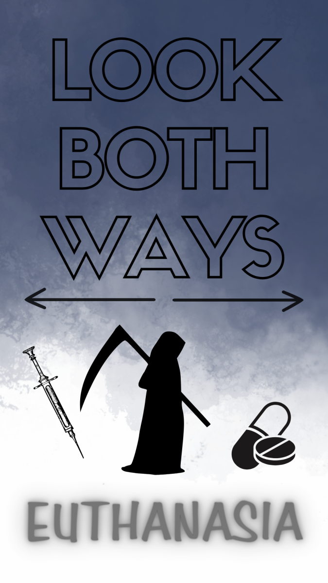A silhouette of the grim reaper stands between a needle and two pills beneath the words “Look Both Ways” and the topic of the week: Euthanasia. Should euthanasia be legal? (Lucy Atkinson | Northern Star)