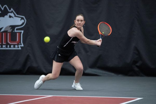 Senior Diana Lukyanova prepares to return a shot in an NIU womens tennis home meet. Lukyanova and sophomore Isabella Righi were named the MAC Doubles Team of the Week on Thursday. (Courtesy of NIU Athletics)
