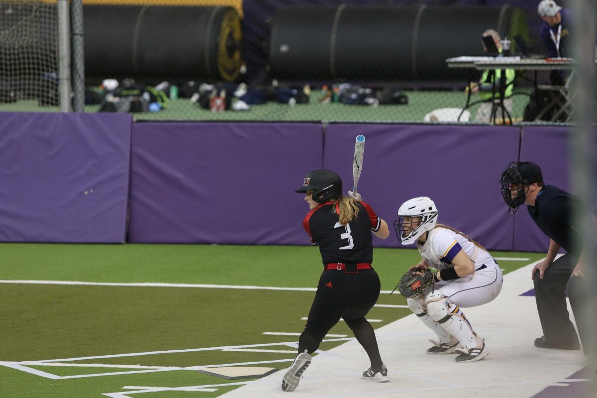 Senior+infielder+Caitlyn+Shumaker+prepares+for+a+pitch+against+Western+Illinois+University+at+the+Doc+Halverson+UNI-Dome+Classic+on+Friday.+Shumaker+blasted+a+walk-off+RBI+double+against+Butler+University+Sunday.+%28Landon+Wirt+%7C+Courtesy+of+UNI+Athletics%29