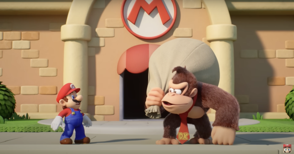 A screenshot depicts Mario looking shocked at Donkey Kong in the new game Mario vs. Donkey Kong. The new Nintendo Switch game contains over 100 puzzles for players to complete. (Courtesy of YouTube)