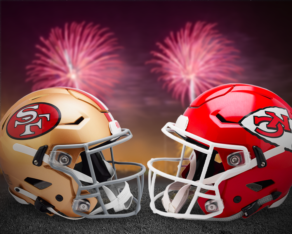 A graphic of San Francisco 49ers and Kansas City Chiefs helmets sit on turf with fireworks in the distance. The 58th Super Bowl will start at 5:30 p.m. on Sunday at Allegiant Stadium in Paradise, Nevada. (Eddie Miller | Northern Star) 