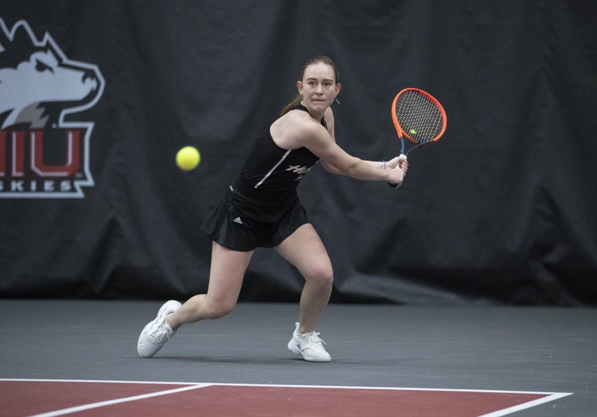 Senior Diana Lukyanova prepares for a strike at the Chick Evans Field House. Lukyanova was 3-0 in finished singles and doubles matches Friday against Western Illinois University and Bradley University. (Courtesy of NIU Athletics)