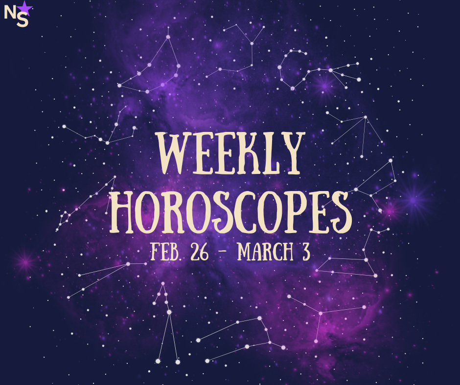 A graphic depicts a blue and purple space background with 12 constellations spread out in a circle. The horoscopes this week suggest a sudden shift from negative to positive energy. (Northern Star File Photo)