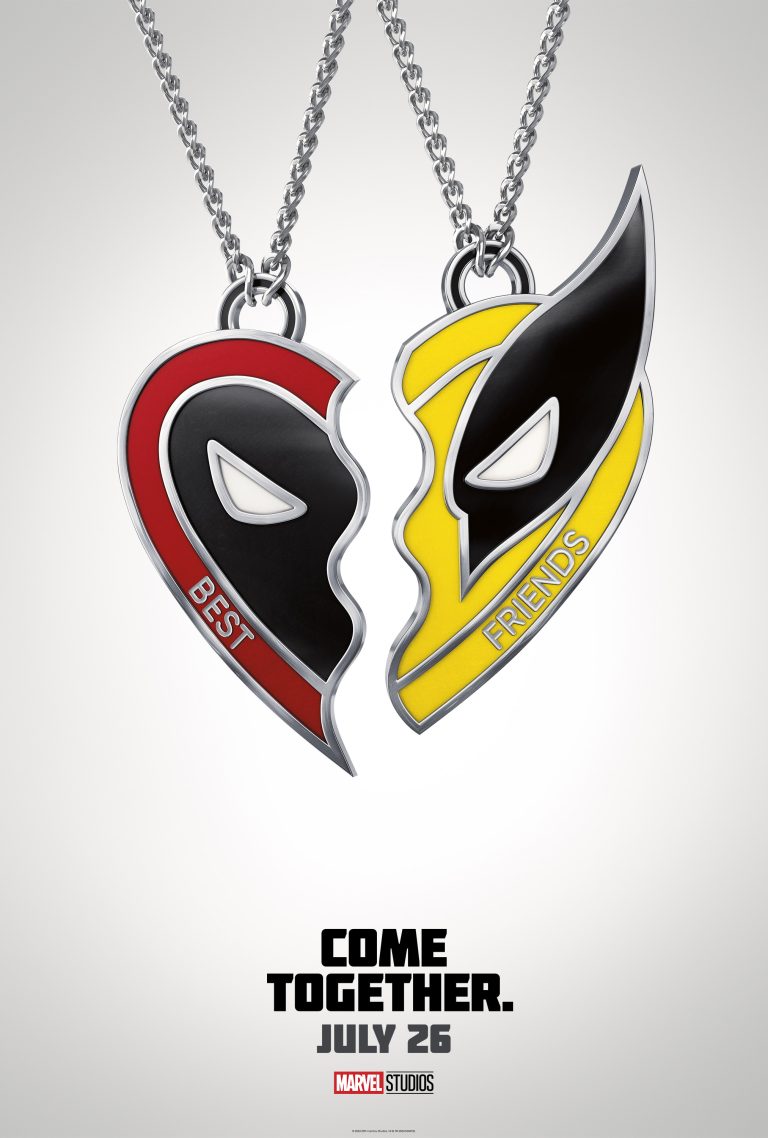 A poster for the new Deadpool & Wolverine film depicts two dangling necklaces. The trailer for the new film brings Deadpool and Wolverine together for the first time ever. (Walt Disney Company)