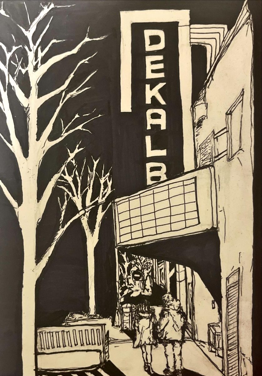 Two figures hold hands and walk beneath the DeKalb Theatre sign in Downtown DeKalb. The recent grants approved by the DeKalb City Council are investing in DeKalbs community and a sign of positive support from the city. (Gabriel Fiorini | Northern Star)