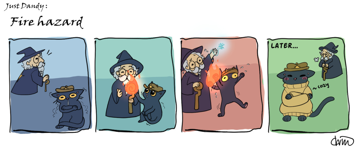 Four “Just Dandy” panels depict the adventures of Dandy, the black cat, alongside the guidance of an elderly wizard. Starting out his apprenticeship as a wizard in training, he finds himself cold and in need of a change of wardrobe. (Christa Kim | Northern Star)
