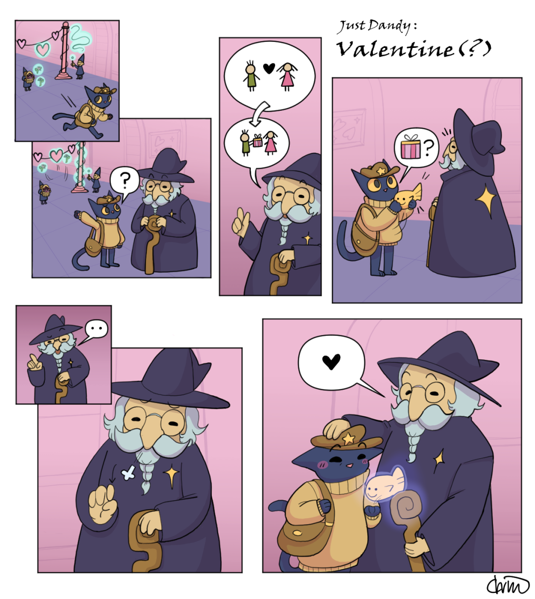 Seven ‘Just Dandy’ panels depict the adventure of Dandy, the black cat. In this comic, Dandy learns the meaning of Valentine’s Day…probably. (Christa Kim | Northern Star)