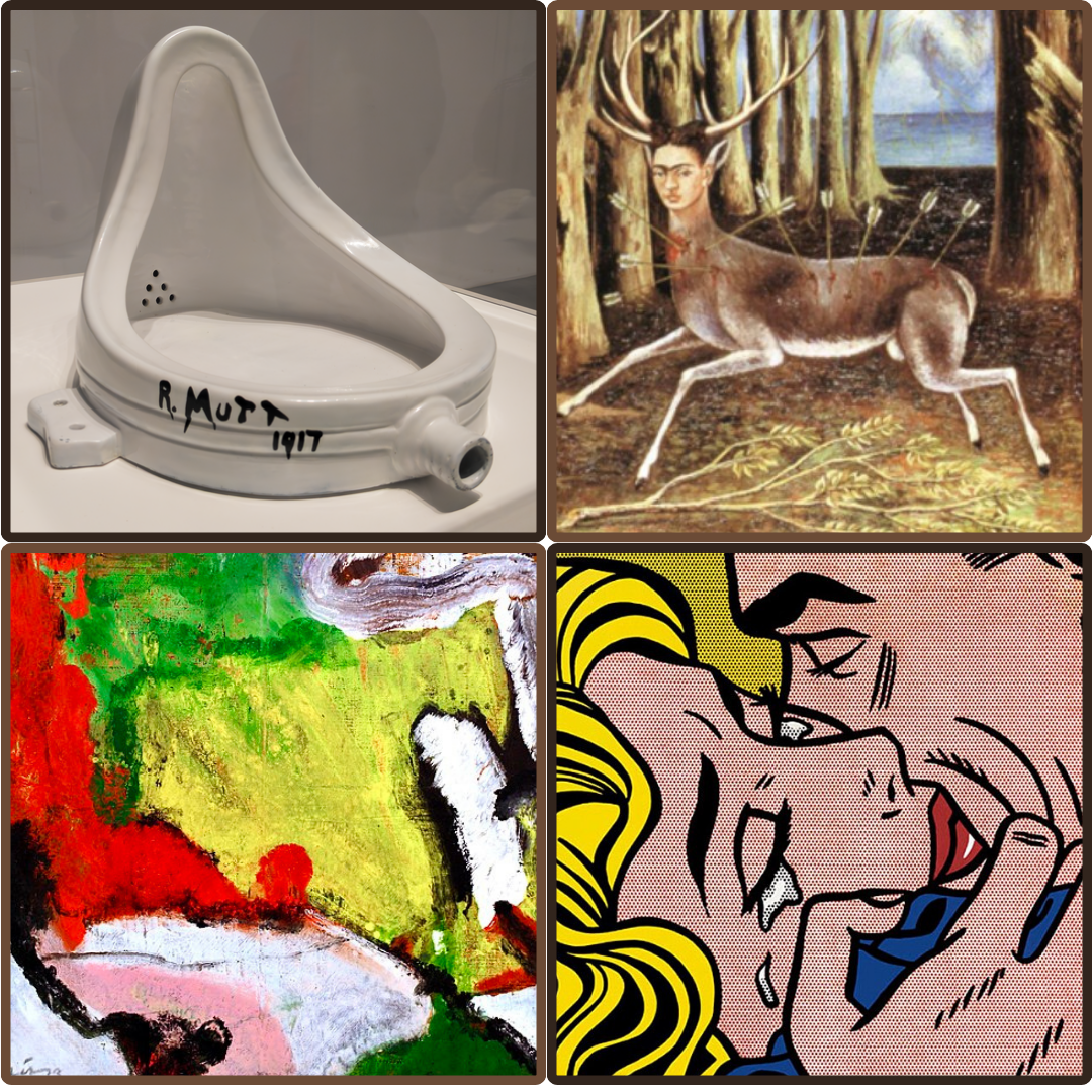 Four quadrants display various artworks, including: a replica of Marcel Duchamp’s 1917 sculpture “Fountain,” Frida Kahol’s 1946 painting “Wounded Deer,” Willem de Kooning’s 1976 painting “Untitled” and Roy Lichtenstein’s 1964 painting “Kiss V.” Which art movement is most inspiring? (Courtesy of Wikimedia Commons | Northern Star Graphic)