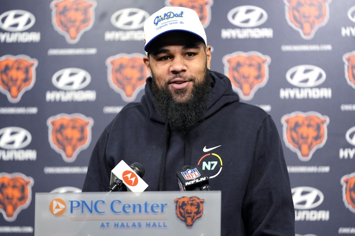 Newly acquired Chicago Bears wide receiver Keenan Allen speaks at a press conference at Halas Hall in Lake Forest, Illinois on Saturday. Allen was acquired via trade with the Los Angeles Chargers on March 14. (AP Photo/Nam Y. Huh)