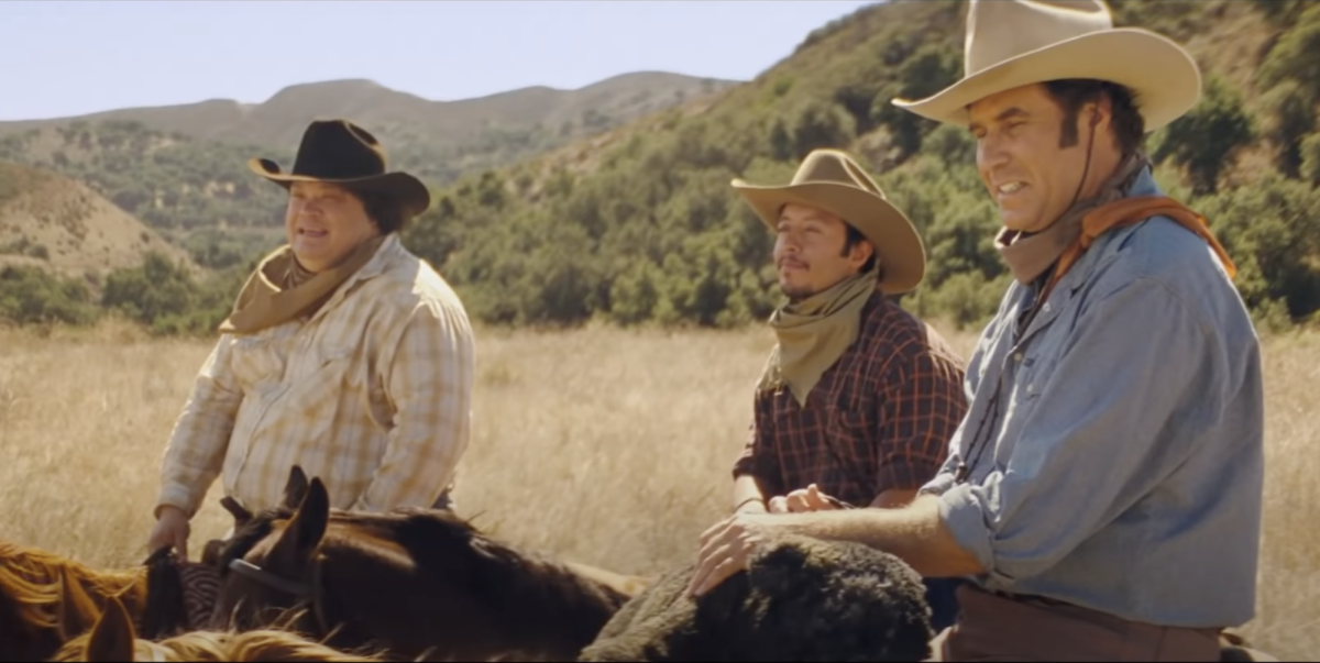 Three men sit on horses next to each other in a scene from Casa de mi Padre. There are several films released that can be watched for April Fools Day this year. (Pantelion Films via Fair Use) 