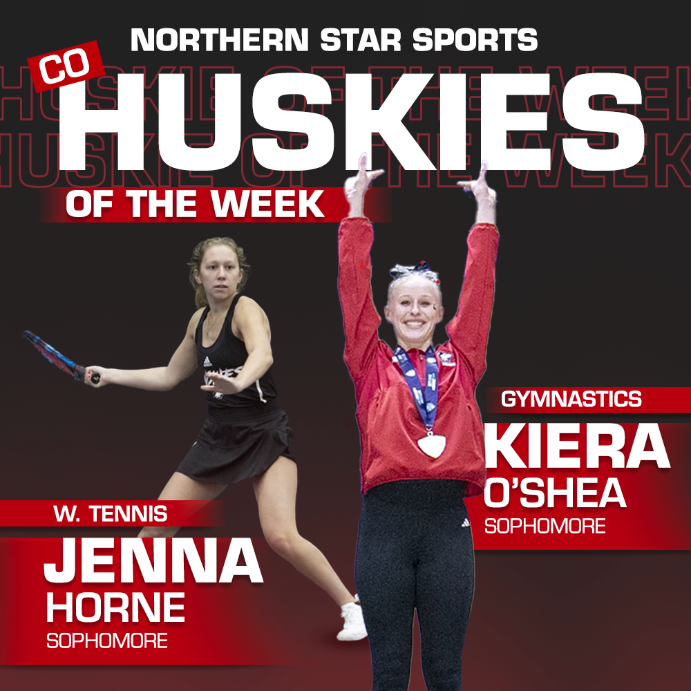 A graphic shows sophomores Jenna Horne and Kiera OShea as the first ever Co-Huskies of the Week. OShea and Horne came up with big performances for their respective squads en route to their first career Huskie of the Week awards. (Eddie Miller | Northern Star)