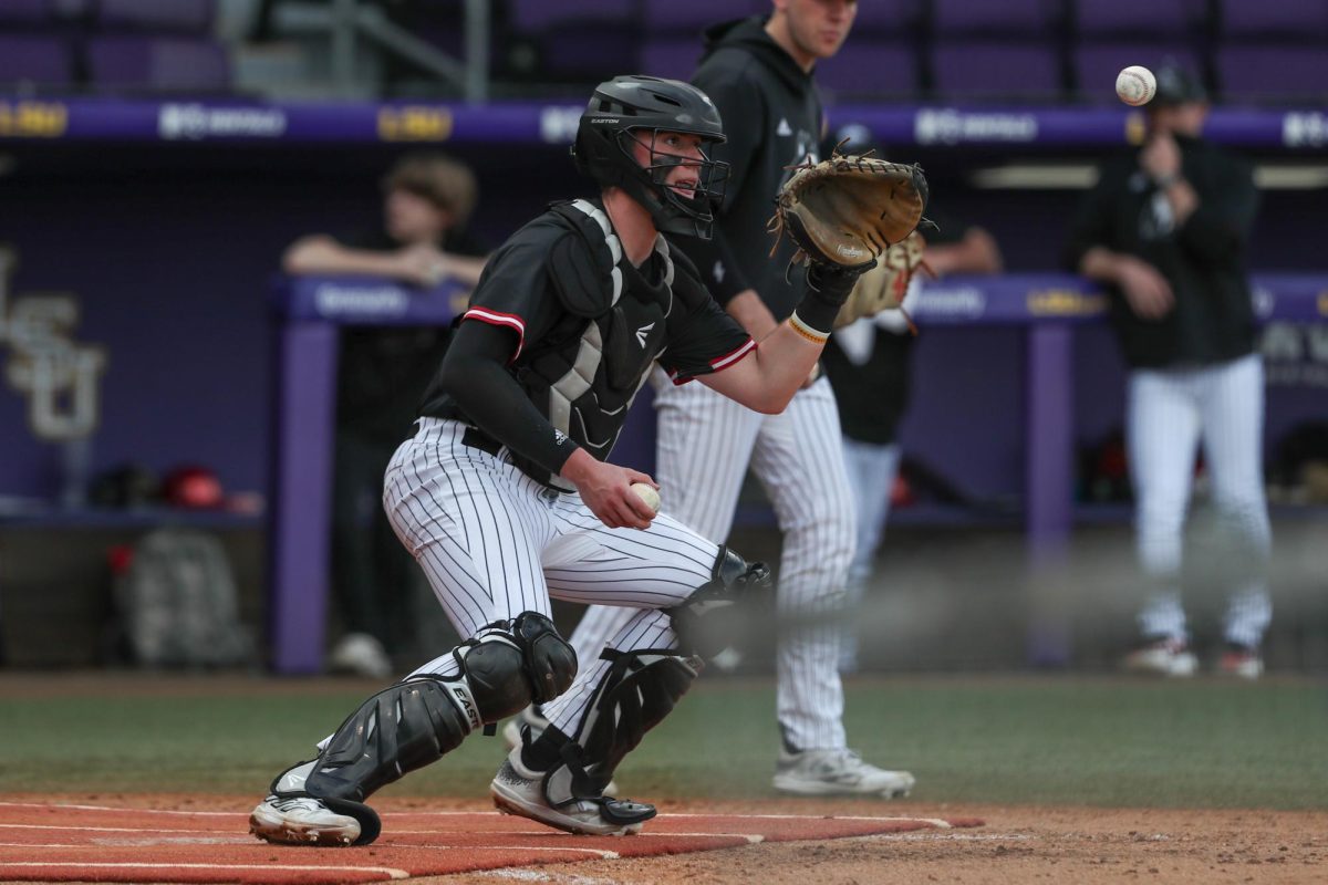 Senior+outfielder%2Fcatcher+Collin+Summerhill+catches+a+baseball+before+an+NIU+baseball+game+against+Louisiana+State+University.+Summerhill+hit+his+ninth+home+run+of+the+2024+season+in+a+5-3+win+over+the+University+of+Toledo+on+Saturday.+%28Courtesy+of+Jonathan+Mailhes%29