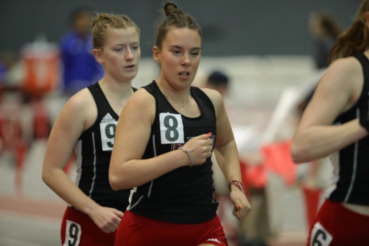 Freshman Morgan Gioia (9) and Lydia Bauer (8) run at the Redbird Tune Up on Feb. 16.  Track & Field took three combined top 10 finishes at the Redbird Challenge and Bobcat Invitational. (Courtesy of Illinois State Athletics)