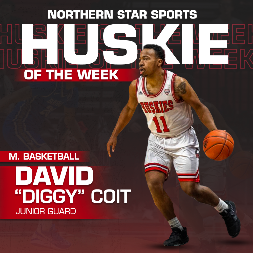 A graphic shows junior guard David Coit as the Huskie of the Week. Coit scored a career-high 35 points against the University of Akron on Saturday. (Eddie Miller | Northern Star)