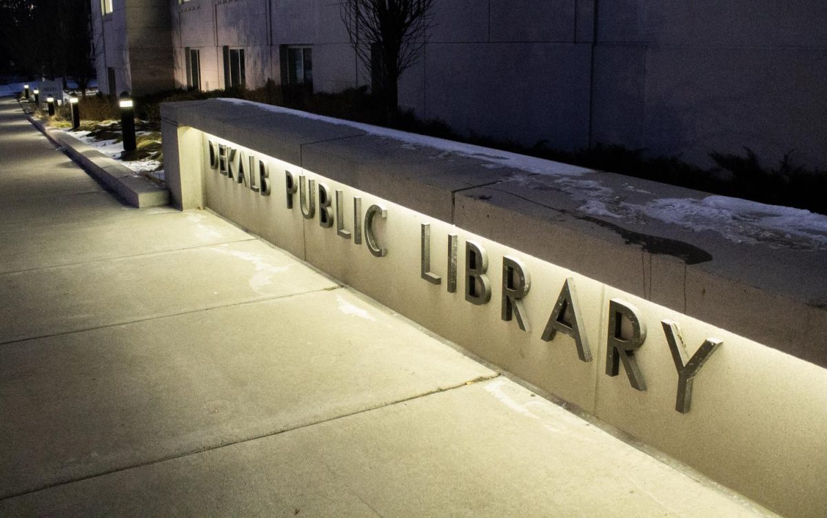 The DeKalb Public Library sign sits outside at night with lights shining on it. At 6 p.m. on April 22, City Council will hold a public hearing for the 2024 Second Draft Annual Action Plan. (Northern Star file photo)