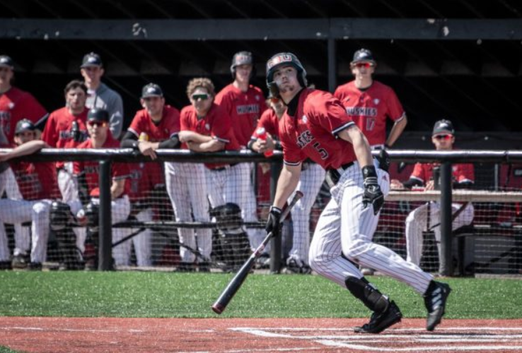 Then-junior outfielder Eric Erato (5) watches a pop-up on April 8, 2023. Erato collected a hit in his 12th game out of his last 13 as NIU baseball lost 23-4 to the University of Toledo Thursday. (Northern Star File Photo)