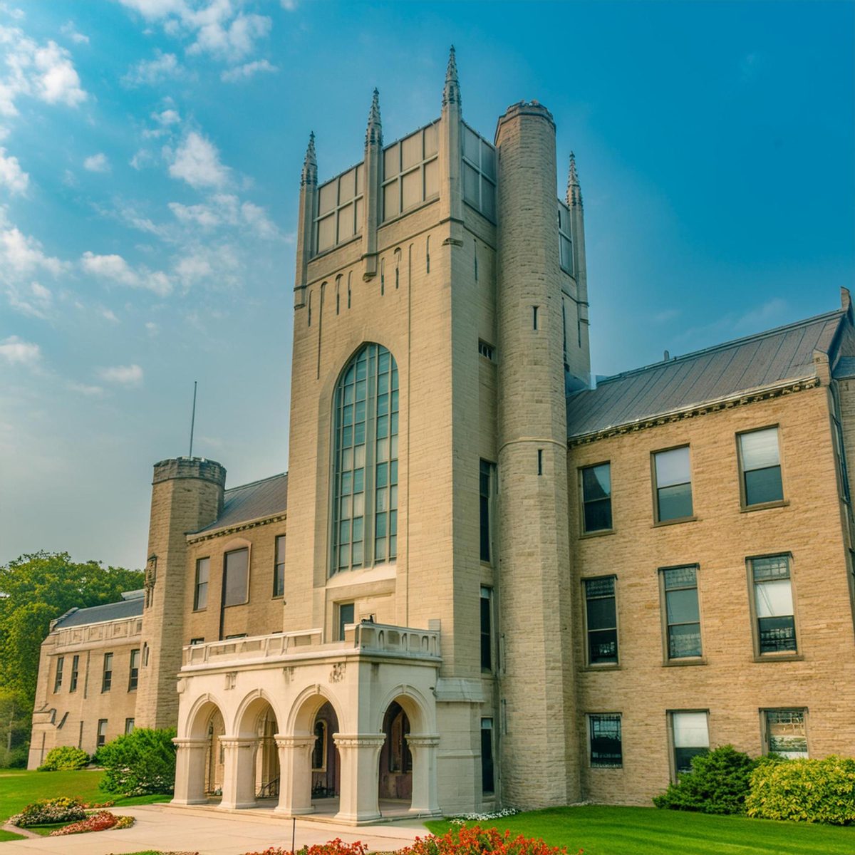 An AI interpretation of Northern Illinois University’s Altgeld Hall stands under a blue sky, developed by the AI image generator site Adobe Firefly. The Northern Star will be run by AI effective immediately, covering campus and local news via artificial intelligence. (Adobe Firefly Image)