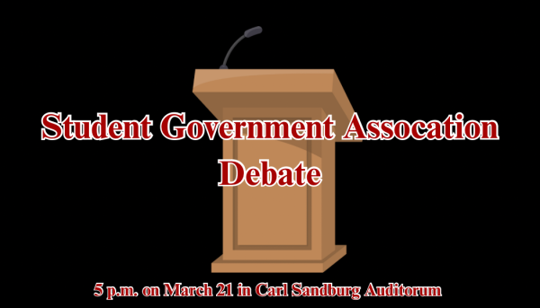 A podiums with a microphone sits behind red lettering reading “Student Government Association Debate.” SGA to host a debate for students running for president, vice president, treasurer and student trustee on Thursday. (Northern Star graphic)