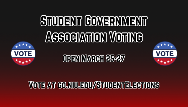 A graphic reading “STUDENT GOVERNMENT ASSOCIATION VOTING” shows the date and place of SGA voting. Students can vote in the SGA elections online until Wednesday. (Northern Star graphic)