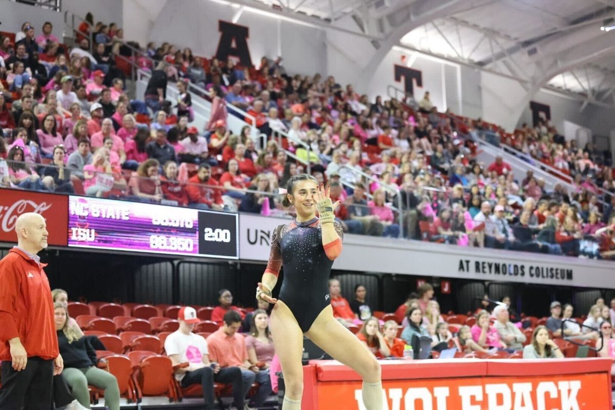 NIU+junior+gymnast+Isabella+Sissi+competes+on+floor+during+the+second+rotation+of+a+quad-meet+Sunday+inside+the+James+T.+Valvano+Arena+at+William+Neal+Reynolds+Coliseum+in+Raleigh%2C+North+Carolina.+Sissi+finished+second+in+the+all-around+with+a+score+of+39.050+as+NIU+finished+third+in+the+meet%2C+behind+North+Carolina+State+University+and+Iowa+State+University%2C+with+a+team+score+of+195.200.+%28Courtesy+of+NC+State+Athletics%29