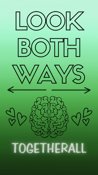 A brain is surrounded by floating hearts under the words “Look Both Ways” and the topic of the week: Togetherall. Will the new mental health app NIU has partnered with, Togetherall, bring positive change? (Lucy Atkinson | Northern Star)
