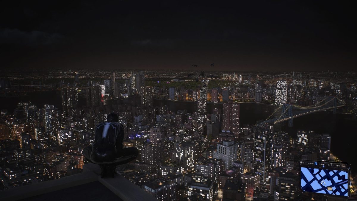 A black-suited Spider-Man perches on a rooftop and overlooks a city. Spider-Man 2 released a new DLC on March 7. (Jonathan Shelby | Northern Star)