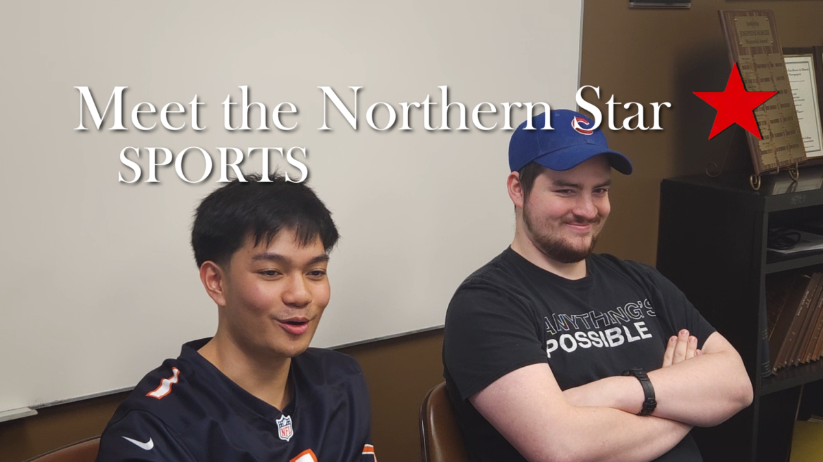Ethan Gonzales (left) and Lucas Didier sit in the Northern Star conference room during a sports budget. The Northern Star sports section covers NIU athletic events and sports in the Northern Illinois area. (Joseph Howerton | Northern Star)