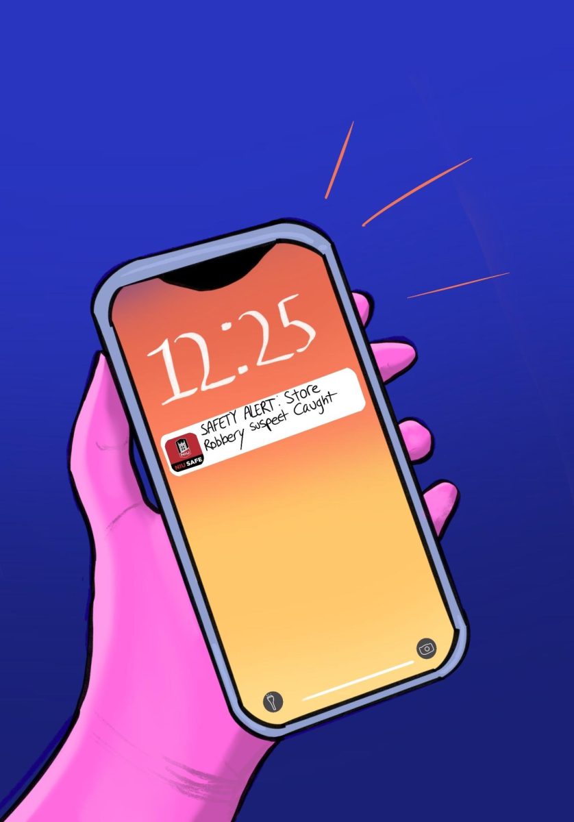 An NIU safety alert pops up on a phone with an orange and yellow gradient lockscreen. NIU should continue releasing safety alerts for every reported crime. (Daniela Barajas | Northern Star)