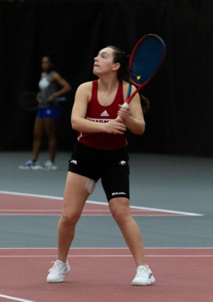 NIU sophomore Nataly Ninova prepares for a strike against Eastern Illinois University on March 9. Ninova and her doubles partner, junior Erika Dimitriev, earned MAC Doubles Team of the Week honors, along with NIU seniors Mikael Vollbach and Cheng En Tsai. (Northern Star File Photo)