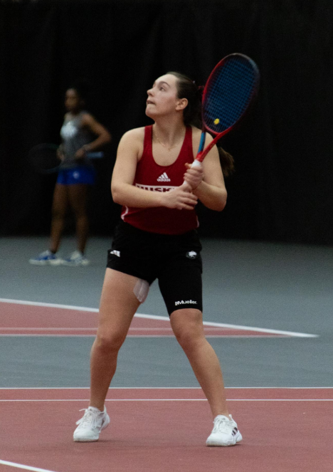 NIU+sophomore+Nataly+Ninova+prepares+for+a+strike+against+Eastern+Illinois+University+on+March+9.+Ninova+and+her+doubles+partner%2C+junior+Erika+Dimitriev%2C+earned+MAC+Doubles+Team+of+the+Week+honors%2C+along+with+NIU+seniors+Mikael+Vollbach+and+Cheng+En+Tsai.+%28Northern+Star+File+Photo%29