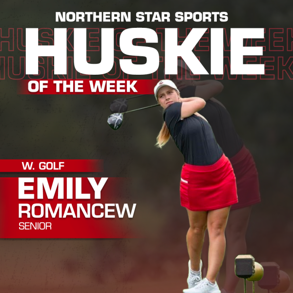 A graphic shows senior golfer Emily Romancew as the Huskie of the Week. Romancew finished first overall at the Northern Arizona University Red Rocks Invitational Sunday. (Eddie Miller | Northern Star)