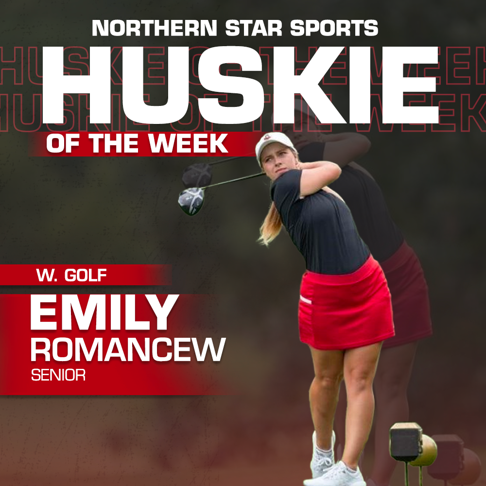 A+graphic+shows+senior+golfer+Emily+Romancew+as+the+Huskie+of+the+Week.+Romancew+finished+first+overall+at+the+Northern+Arizona+University+Red+Rocks+Invitational+Sunday.+%28Eddie+Miller+%7C+Northern+Star%29