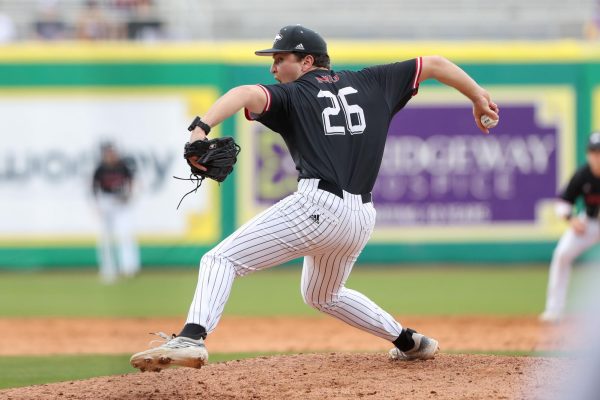 Senior pitcher Ryan Linkletter throws a pitch in an NIU baseball game against Lousiana State University. Linkletter gave up four runs on three hits against Illinois State University on Wednesday. (Courtesy of Jonathan Mailhes)