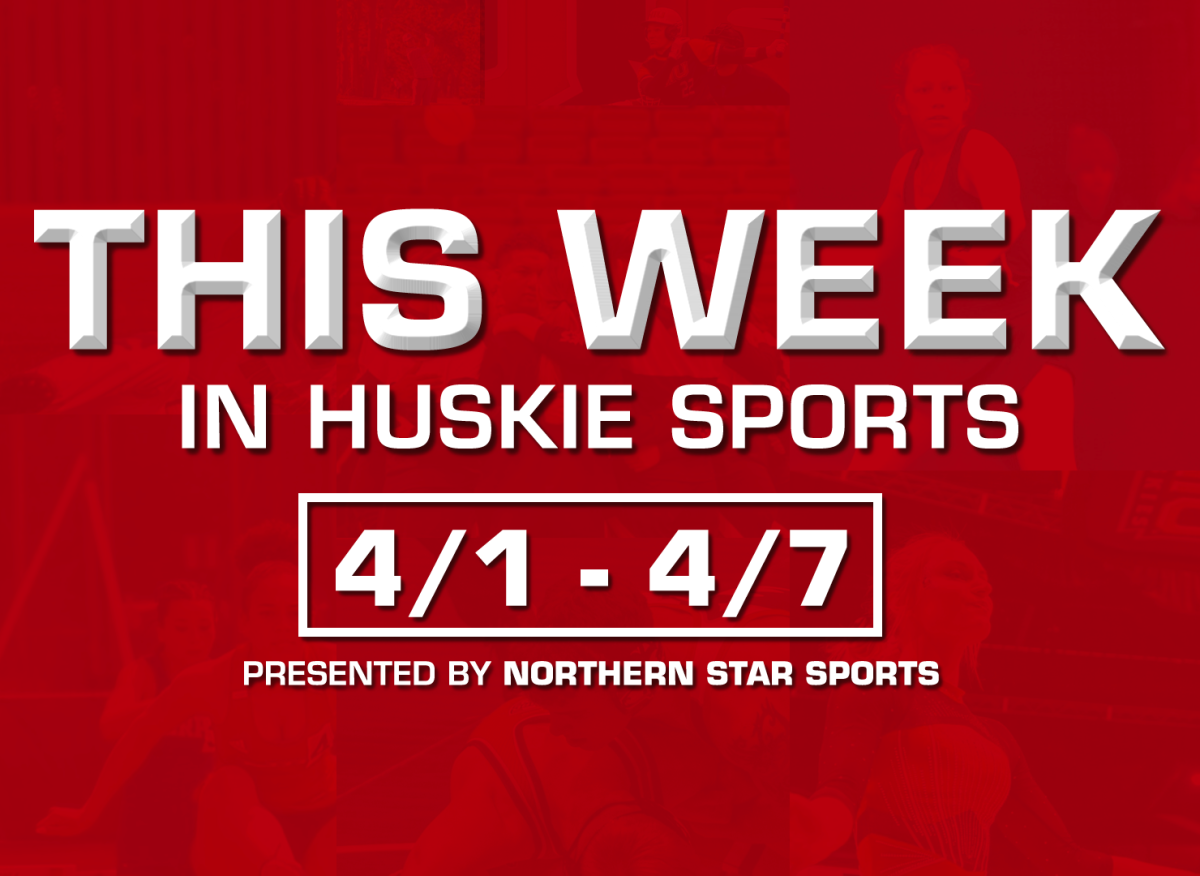 A graphic shows the dates of this week in Huskie sports. NIU baseball is set to play its first home game of the 2024 season after playing 28 games on the road. (Eddie Miller | Northern Star)