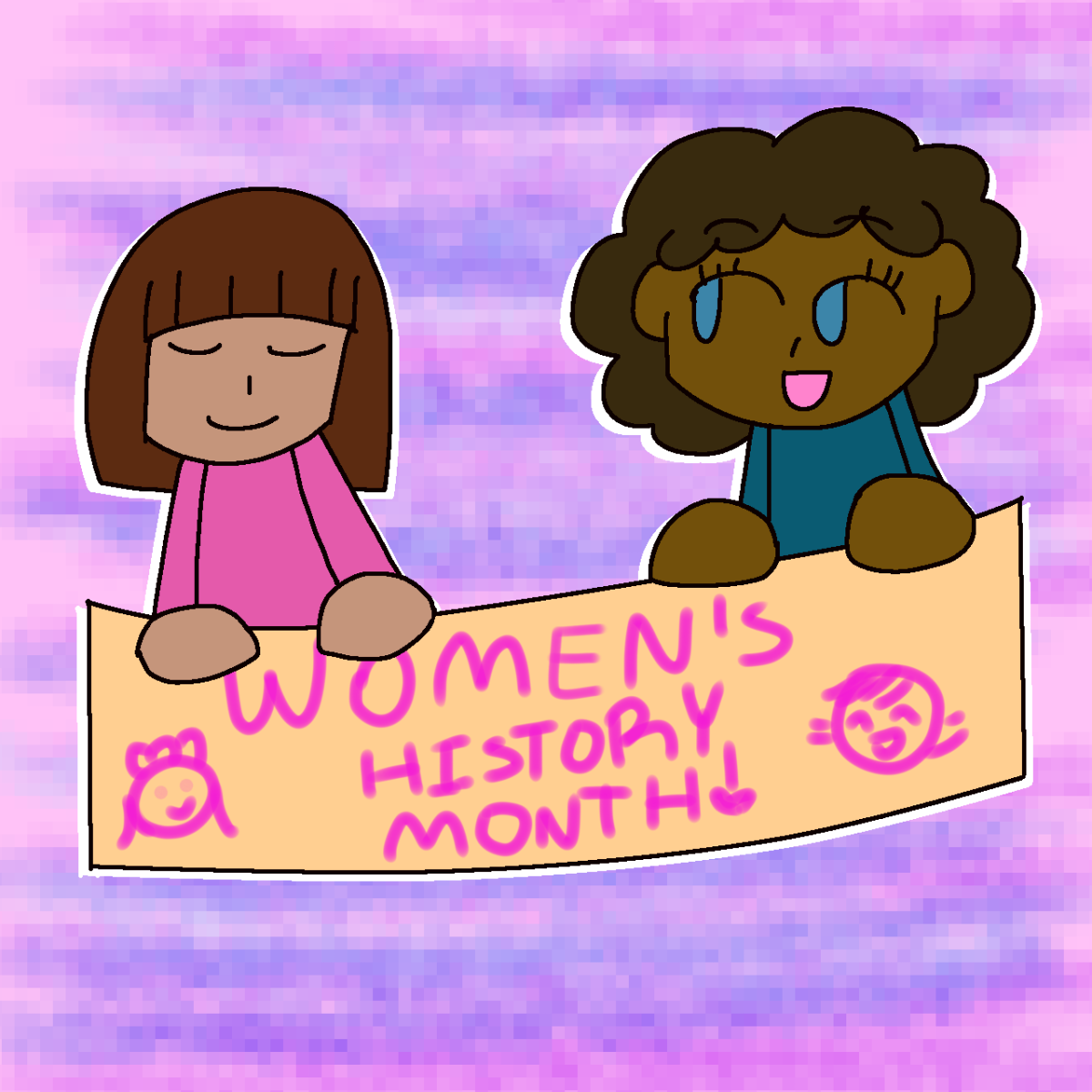 Two+figures+hold+a+banner+that+reads+%E2%80%9CWomen%E2%80%99s+History+Month%E2%80%9D+in+front+of+a+pink+and+purple+colored+background.+As+Women%E2%80%99s+History+Month+comes+to+an+end%2C+it%E2%80%99s+important+to+acknowledge+the+pivotal+role+women+have+had+in+shaping+society.+%28Mary+Ngo+%7C+Northern+Star%29