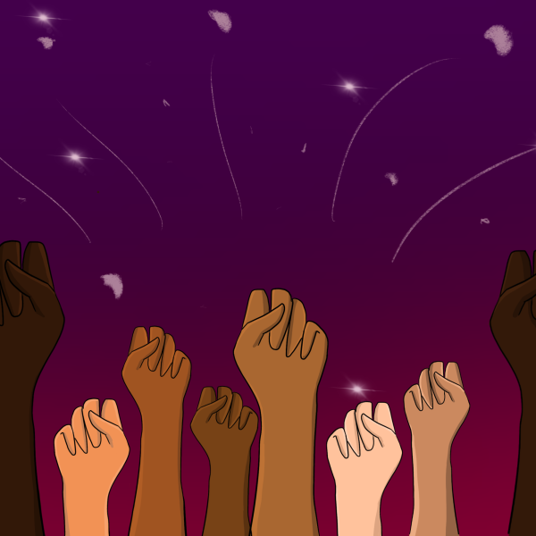 Eight fists raise toward a purple sky. Students should practice advocacy for political and social issues they care about. (Daniela Barajas | Northern Star)