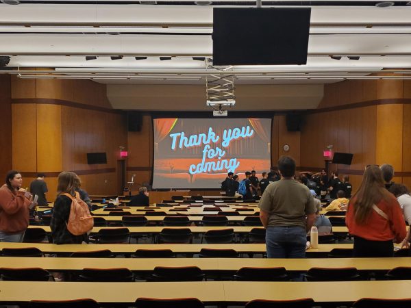 A screen with Thank you for coming projected onto it sits at the front of the Cole Hall auditorium after the first day of the Reality Bytes Student Film Festival. The second day of the festival is from 7 p.m. to 10 p.m. Wednesday at the Egyptian Theatre, 135 N. Second St. (Jonathan Shelby | Northern Star)