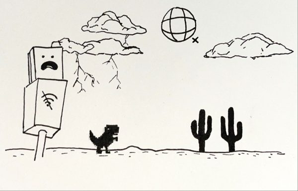 The “no internet connection dinosaur” runs in his desert landscape alongside the “no internet connection” robot underneath a “no internet connection globe” sun. Internet is a necessity to everyday life in the modern world, and there must be federally-funded programs to support internet accessibility. (Gabriel Fiorini | Northern Star)