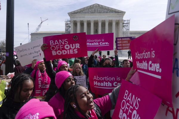 Abortion-rights activists protest in pink March 26 outside the Supreme Court in Washington, D.C. On March 8, France inscribed abortion rights in its constitution, and other nations should follow suit. (AP Photo | Jose Luis Magana)