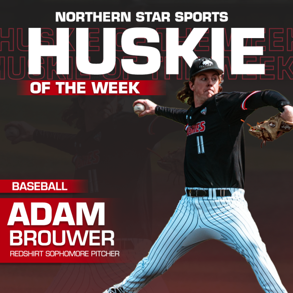 A graphic shows redshirt sophomore Adam Brouwer as the Huskie of the Week. Brouwer pitched 7.2 innings for NIU baseball Saturday and only allowed one earned run in his outing. (Eddie Miller | Northern Star)