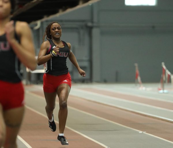 NIU track and field then-freshman Faith Rouse trails a teammate Feb. 16 at the Redbird Tune-Up. Rouse finished the 200-meter dash in a personal best 27.07 seconds Saturday at the Walter Cramer Invitational. (Courtesy of Illinois State Athletics)