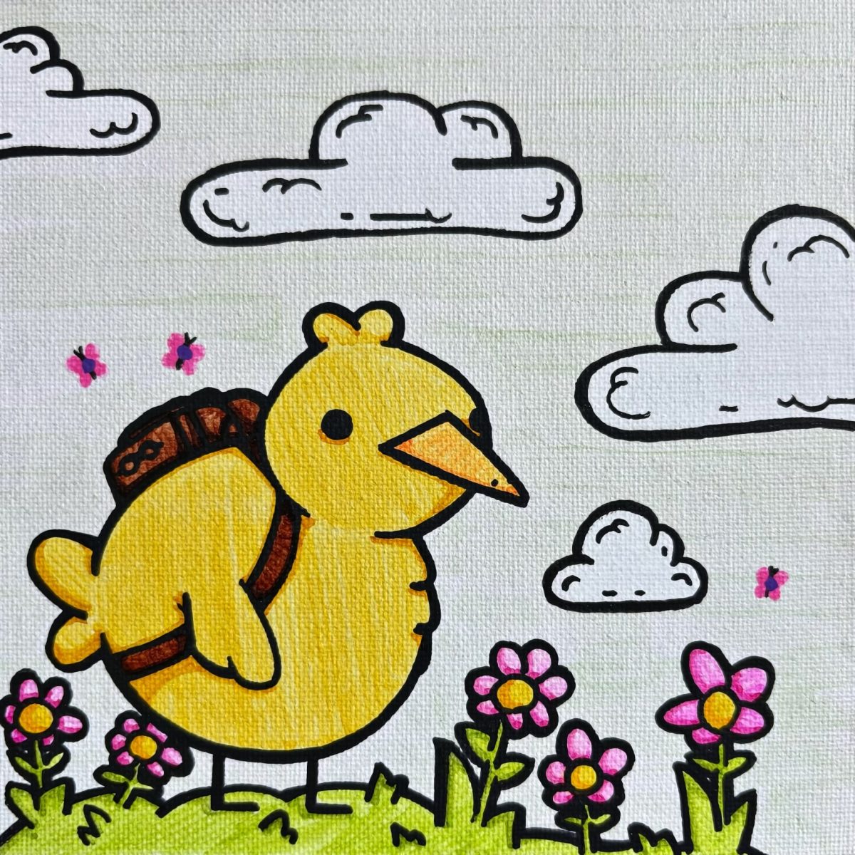 A spring chicken sports a backpack as it treks among pink flowers and fluttering butterflies. A baby chicken is ready for adventure as summer approaches. (Aidan Renteria | Northern Star)