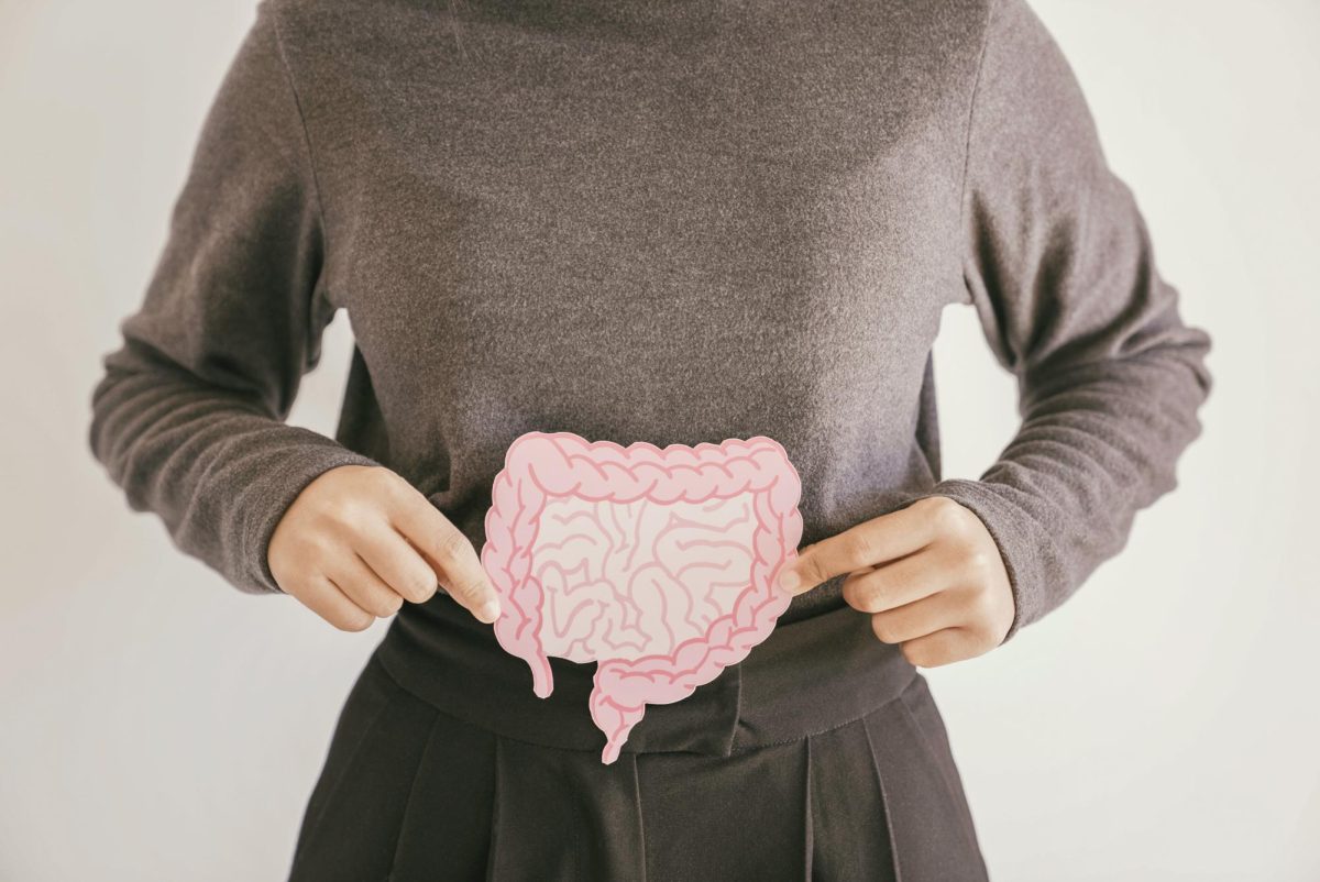A+person+holds+a+paper+cutout+of+intestines+over+their+stomach.+Gut+health+is+important+to+ensuring+proper+physical+health.+%28SewcreamStudio+%7C+Getty+Images%29