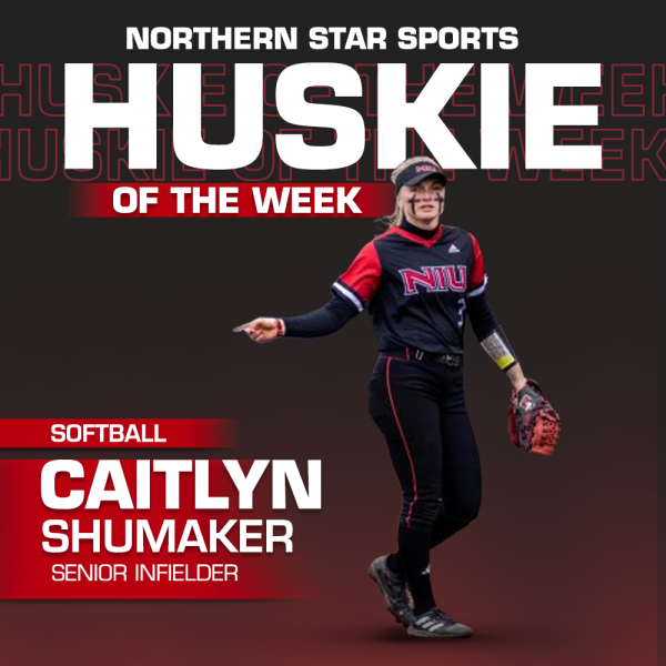 A graphic shows senior infielder Caitlyn Shumaker as the Huskie of the Week. Shumaker broke NIUs stolen base record and went 6-for-10 to lead the Huskies to their first series win of the 2024 season. (Eddie Miller | Northern Star)