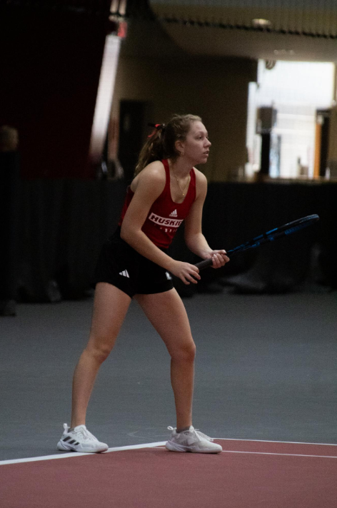 Sophomore Jenna Horne awaits an opponents serve at the Nelson Tennis Center at Chick Evans Field House on March 9. NIU womens tennis lost its second consecutive match as they fell 6-1 to the University of Toledo. (Northern Star File Photo)